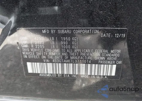 2020 Subaru Impreza Sport 5-Door z USA, uszkodzony, nr VIN 4S3GTAM67L3711014